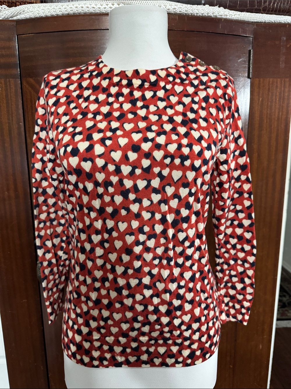 NWOT J. Crew Wool Red Heart Print Long Sleeve Sweater